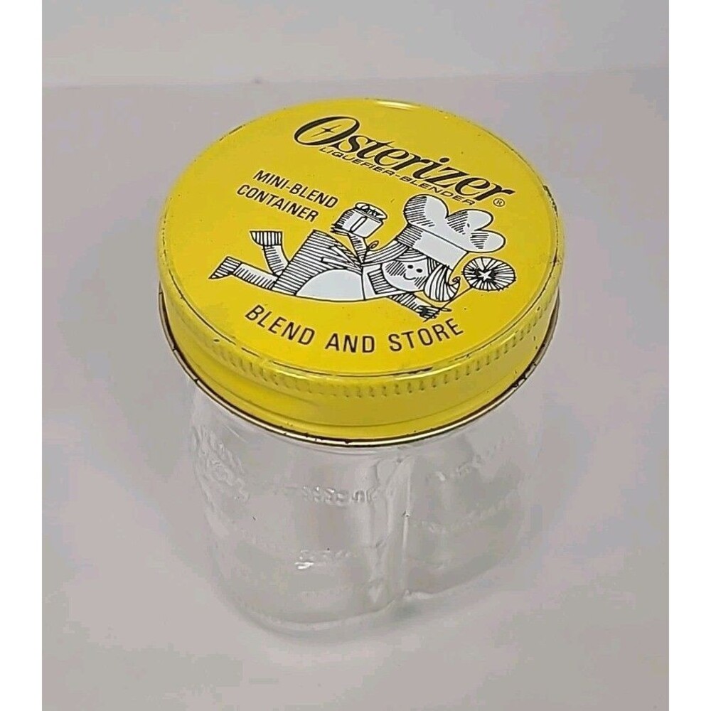 Vintage Osterizer Glass Mini-Blend Container Jar Blend and Store 8oz Yellow Lid